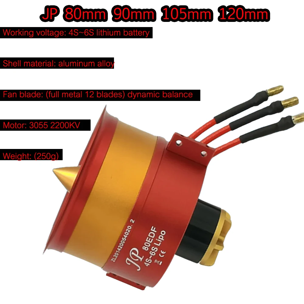 

JP 90mm 105mm 120mm EDF Ducted Fan 12 Blades 6S 12S 14S with Motor 5060 4260 4250 for RC Air Plane 50V, 7100W Motor Parts