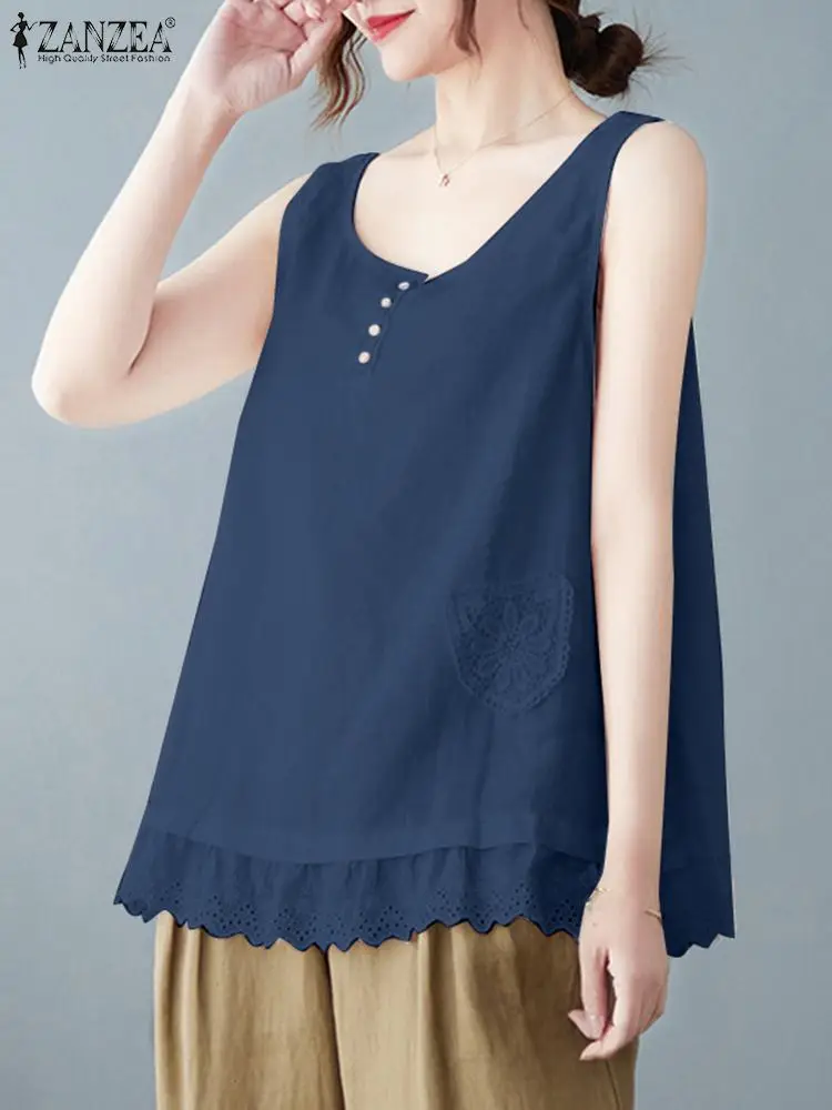 

ZANZEA Solid Color Lace Crochet Shirt Tunic 2024 Summer Holiday Fashion Female Blusas Vintage Women Sleeveless Blouse Tank Tops