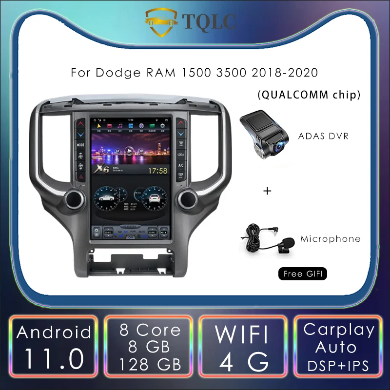 

10.4'' For Dodge RAM 1500 3500 2018-2020 Android Tesla Style Vertical Touch Screen Car Radio Navi Multimedia Stereo Carplay PX6