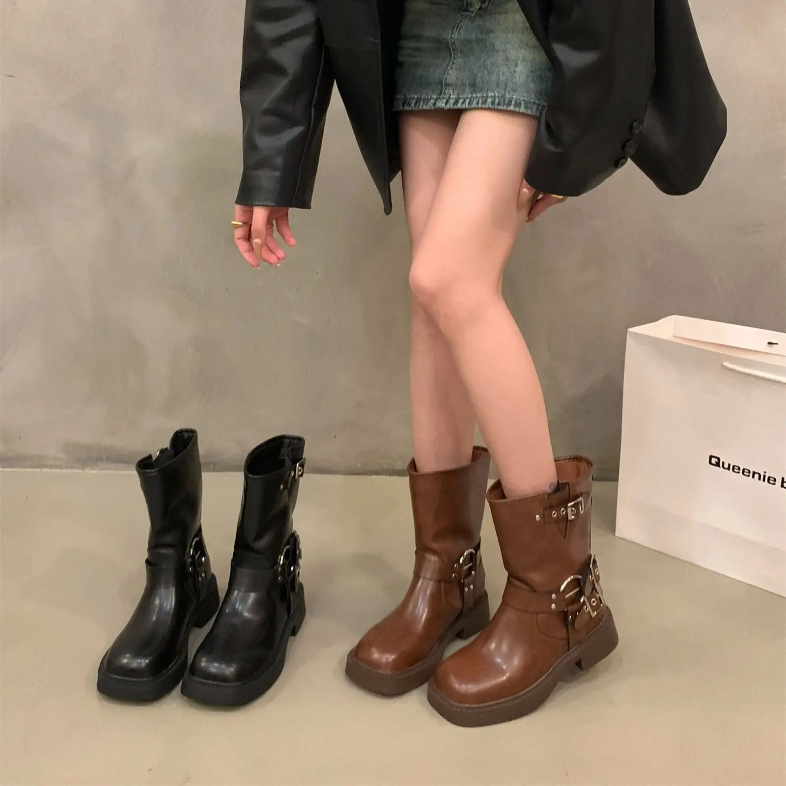 

Ankle Boots Women Rivet Platform Short Leather Boot Low-heel Black Designer Belt Buckle New Rock Shoes Cowboy Style Punk Booties