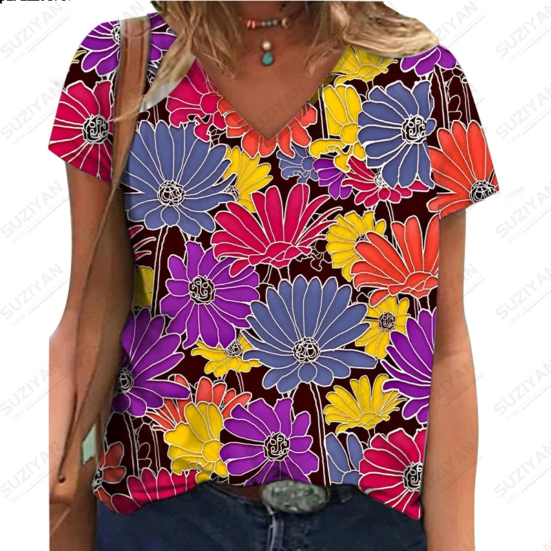 

Women's Summer New Short Sleeve Colorful Fragmented 3D Digital Printing T-shirt Hot Selling Women's V-neck Casual Commuter Top