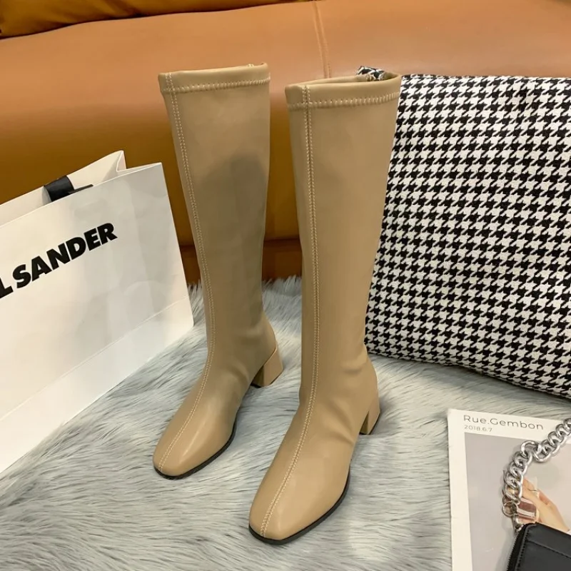 Soft Leather High-heeled Knee Boots Women's Ins Tide 2022 Autumn and Spring New British Style Thick-heeled Thin High Boots