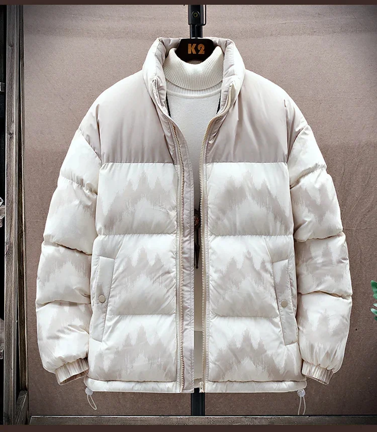 Description Picture 2 of itemPlush Jacket Men Winter Patchwork Stand-up Collar Printing Coat Cotton-Padded Unisex Thick Warm Vintage Fashion Parkas