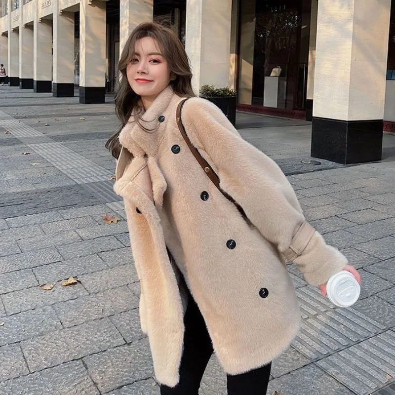 2023 Autumn Winter New Women Imitate Mink-like Wool Fur Coat Thicken Loose Warm Outwear Mid Length Version Fashion Casual Top