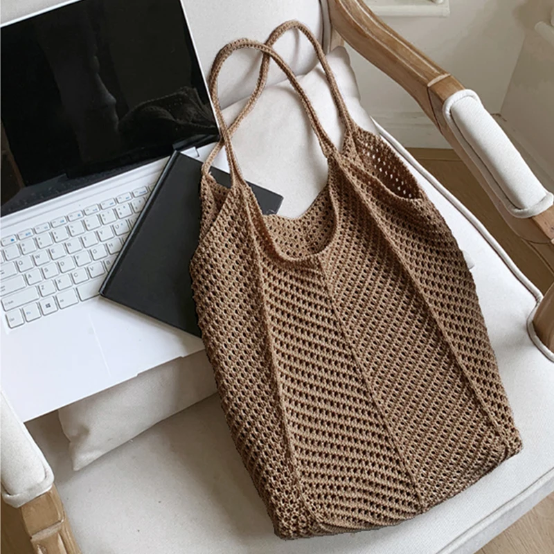 Fashion Women's Hollow Woven Shoulder Bags Large Capacity Knitting Underarm Bag Solid Crochet Tote Handbag Summer Mesh Beach Bag