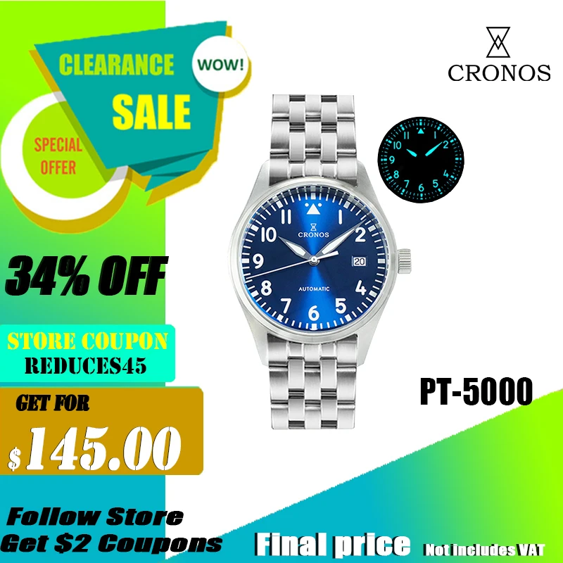 Cronos-Relógio Mecânico Pilot Flieger para Homens, Aço Inoxidável, Super Lum Domed, Sapphire Crystal, 5Links, 39mm, L6012