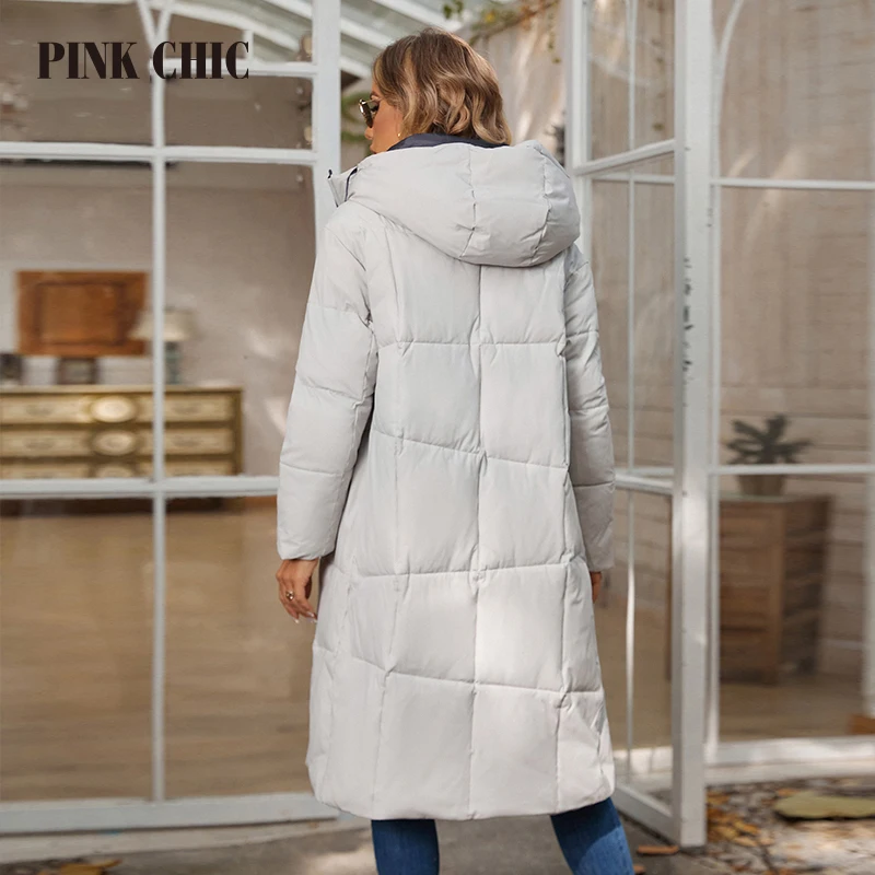 PINK CHIC 2023 Winter Coat Women Down Jackets Fashion Classic  Warm Lace up Hooded Long Women's  Casual Parka Female  W8236