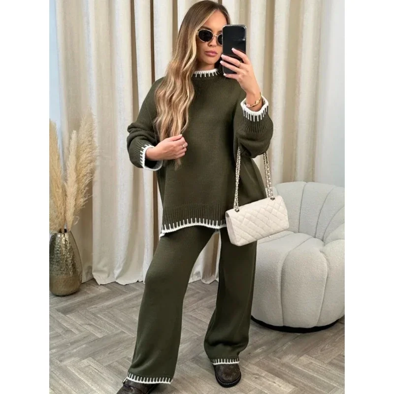Striped Elegant Women Knitted Suit Split Sweater Top and Elastic High Waist Straight Pants 2 Pieces Set Female Autumn Winter