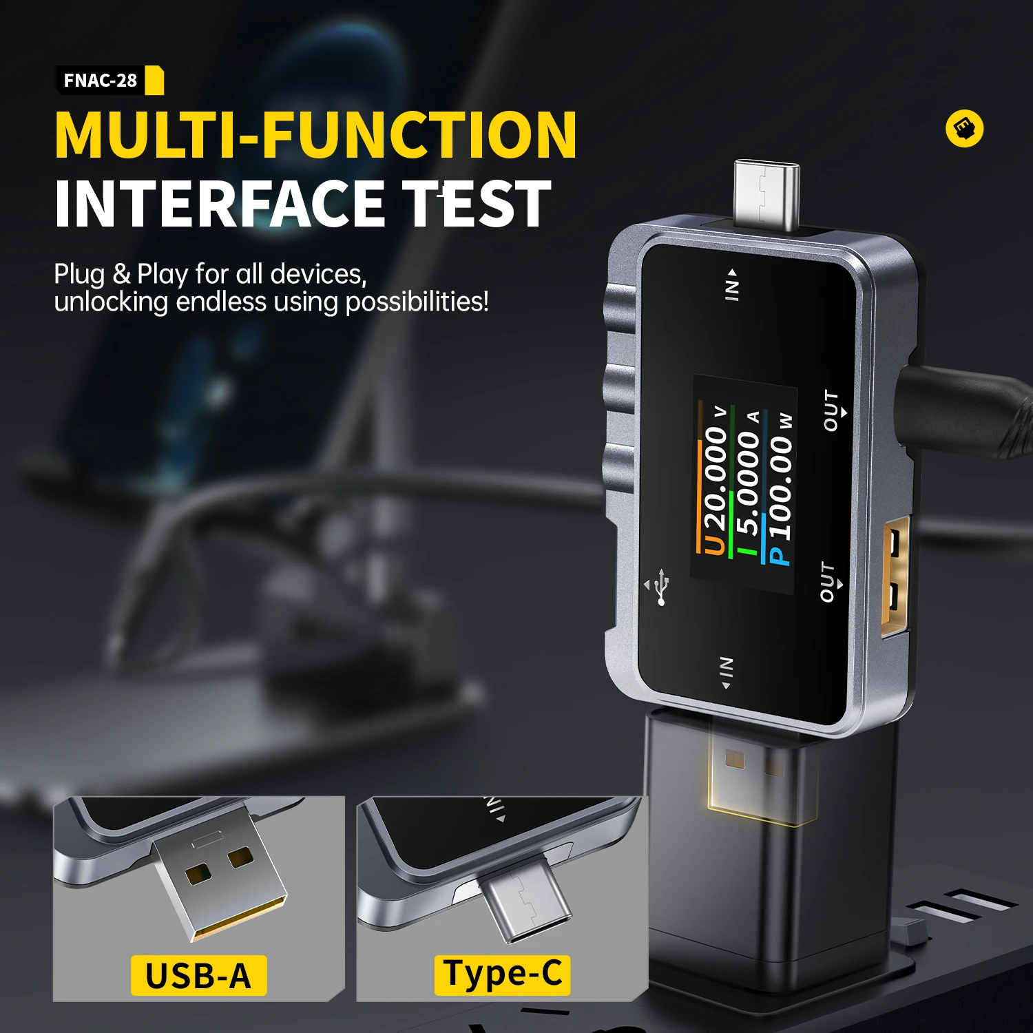 FNIRSI FNAC-28 2 IN 1 타입-C USB 테스터 디지털 볼트미터 암페어미터 전압 전류 측정기 파워뱅크 충전기 측정기