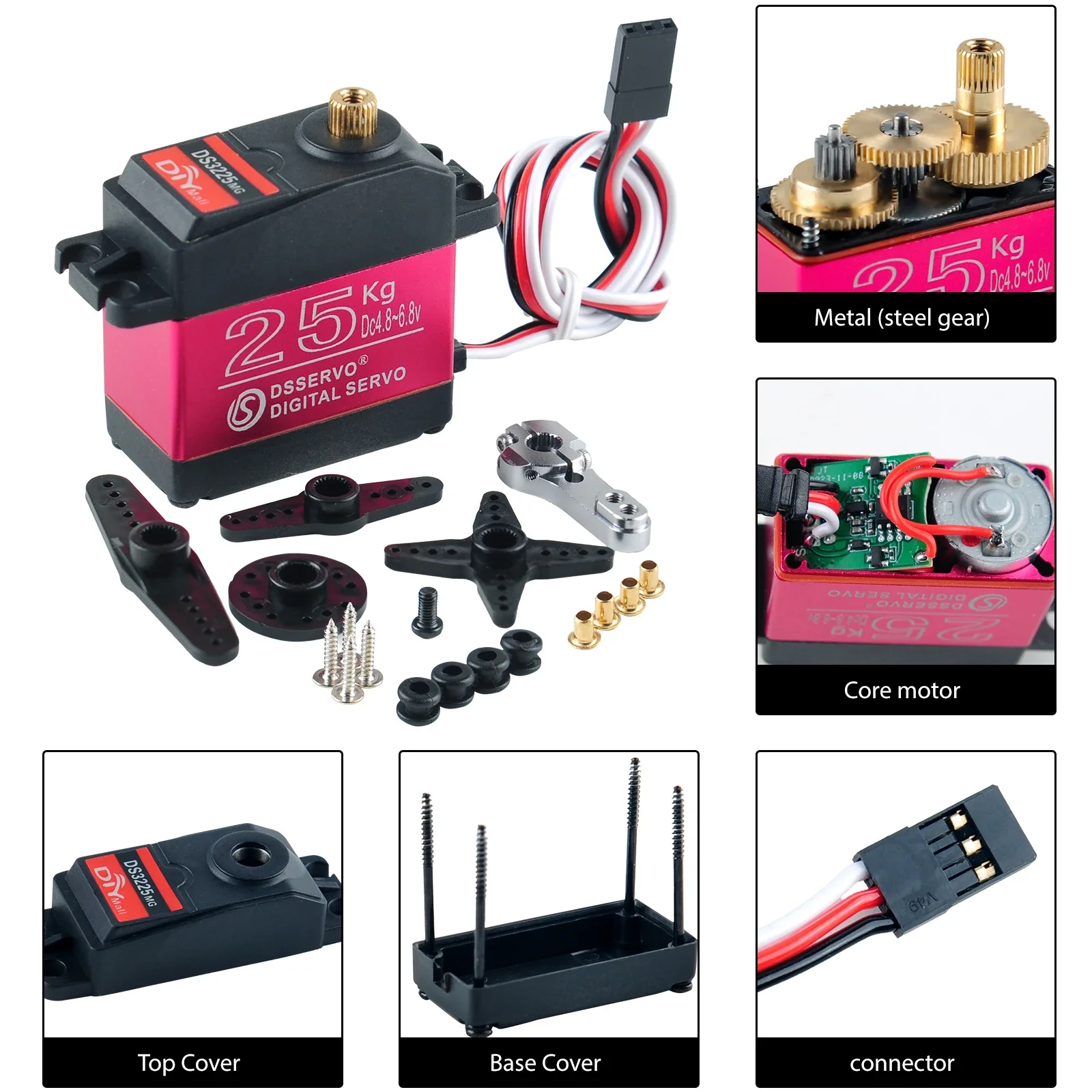 Servo numérique DS3225 25Kg haut couple 180/270° pour voiture RC et robotique, étiquette produit sur le côté avec spécifications techniques