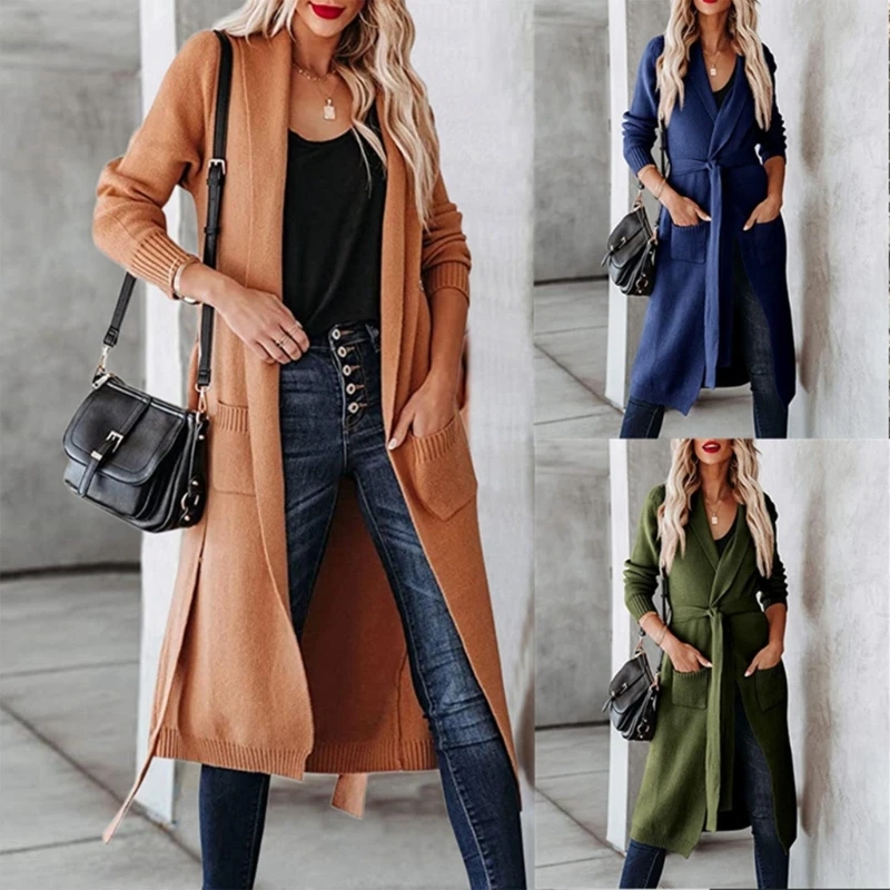 

Solid Color Open Front Maxi Long Knitted Cardigan Sweater for Womens Long Sleeve Knitwear Vintage Belted Cardigan