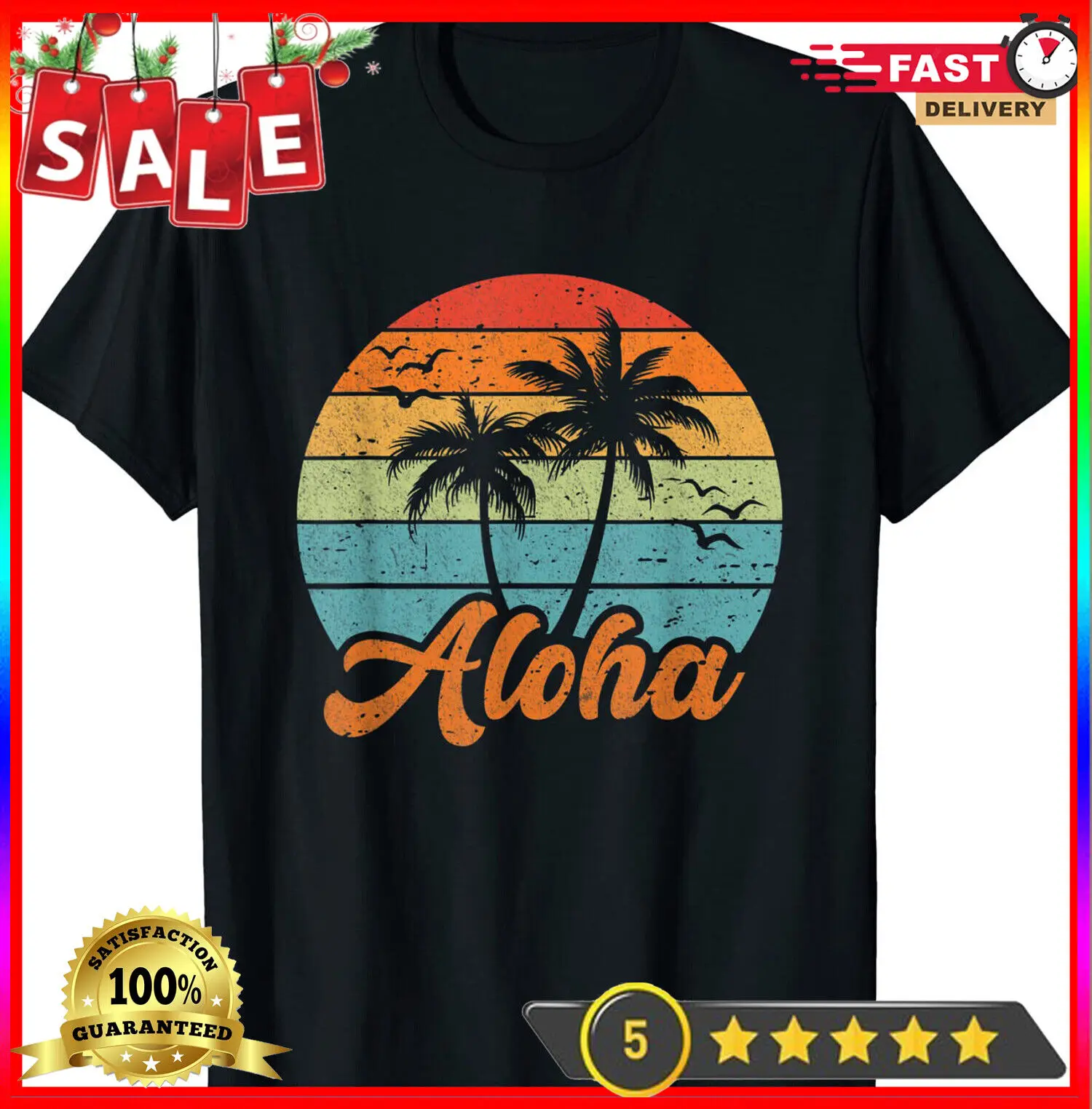 Aloha Hawaii Hawaiian Island Shirt Palm Tree Beach Sunset T-Shirt Maniche Lunghe
