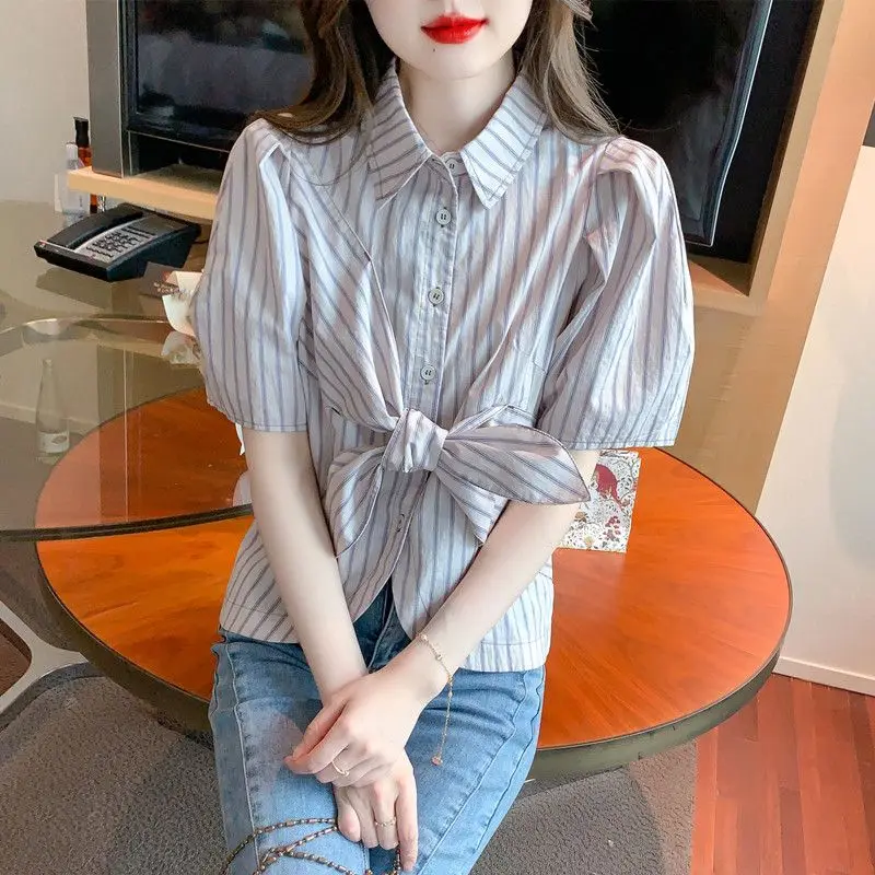 EBAIHUI Summer New Women's Short Sleeved Shirt Puff Sleeve Bow Design Ladies Blouse French Korean Striped Short Blusas
