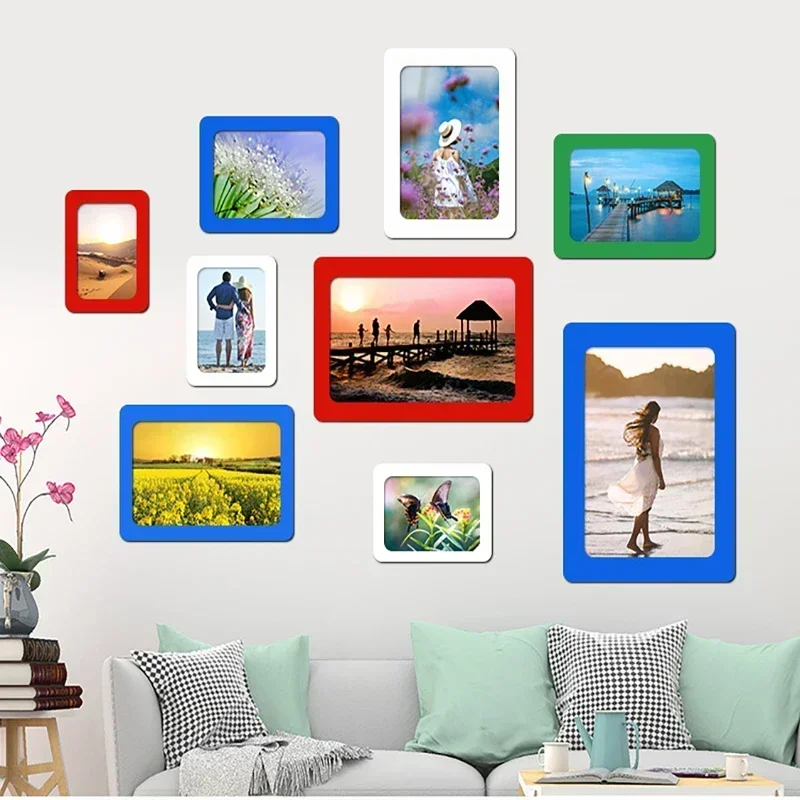 천공 무료 사진 프레임 다채로운 자기 액자 고무 자석 자기 점도 사진 벽 가족 DIY 홈 장식
