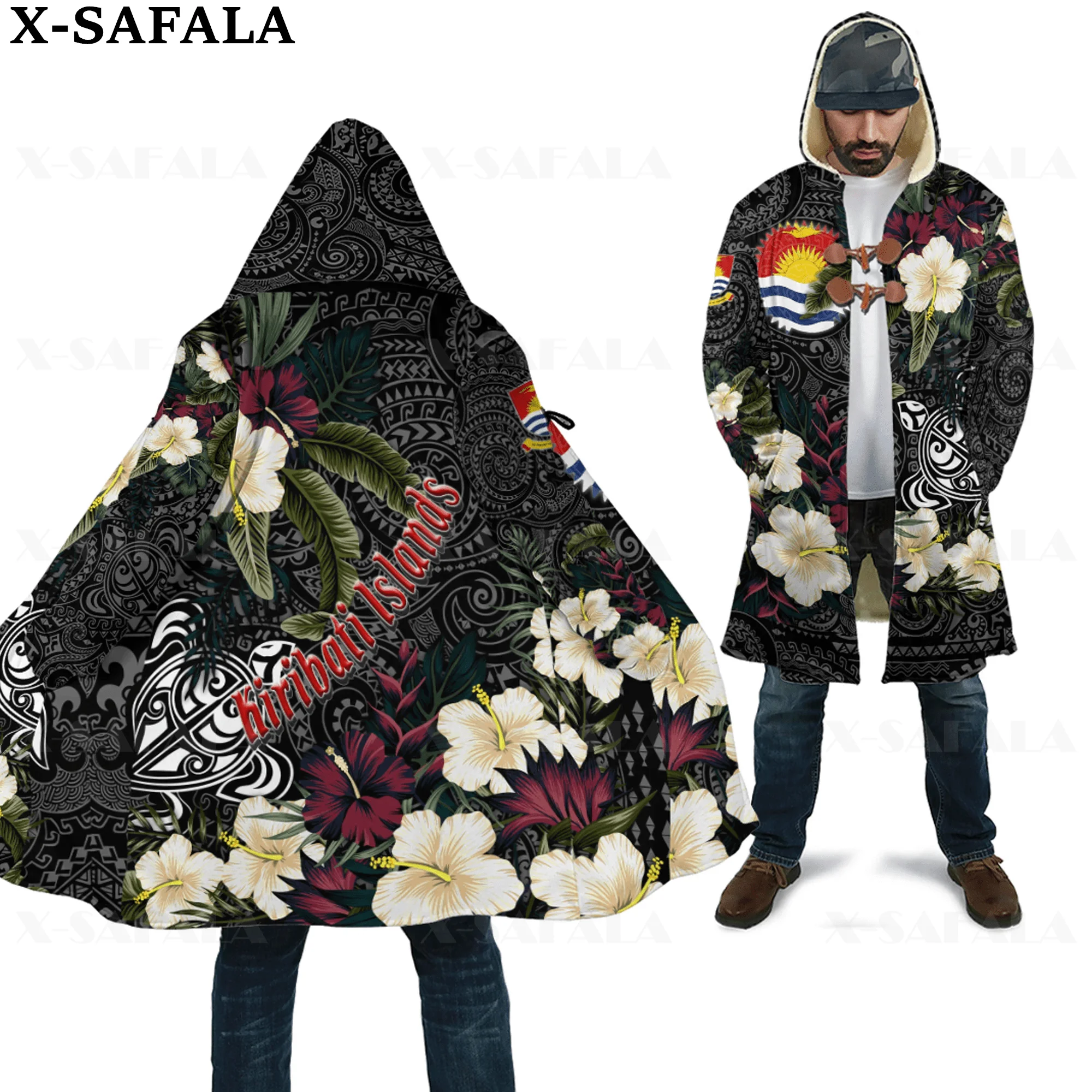 

Kiribati Islands Polynesia Country Art Thick Warm Hooded 3D Print Cloak Men Overcoat Coat Windproof Fleece Cape Robe Blanket-1