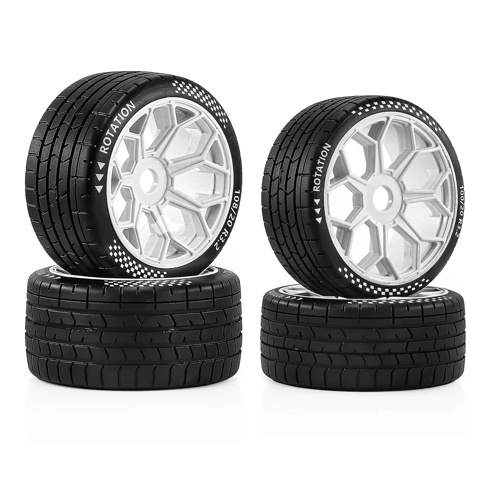 Les quatre pneus du jeu staggered 2 avant + 2 arrière pour ARRMA Felony Infraction 6S RWD, disposés en croix.