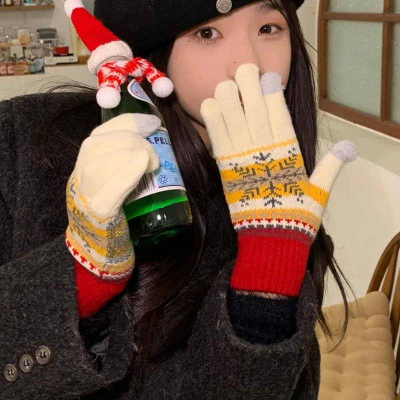 

Korean Winter Color Matching Christmas Snowflake Finger Cycling Gloves Women Winter Warm Touch Screen Knitted Thickened Gloveses