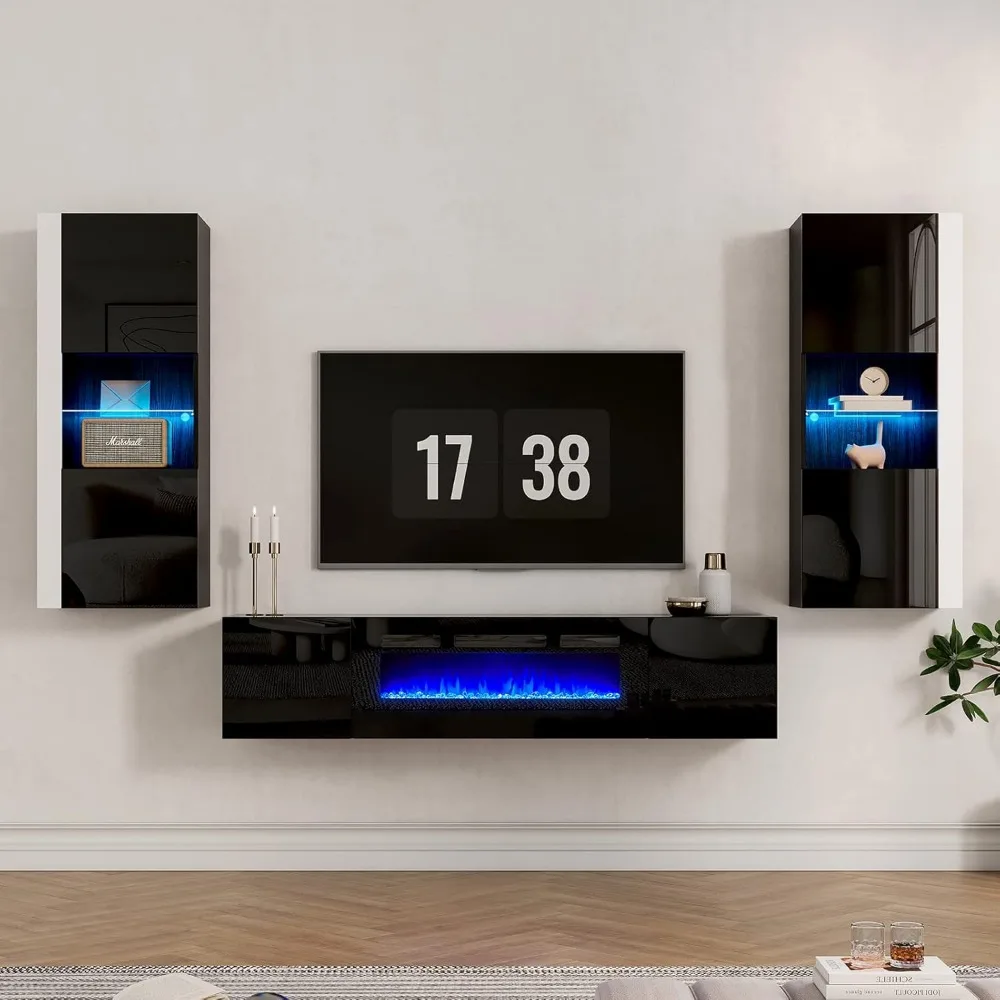Floating TV Stand with 36" Electric Fireplace, High Gloss Finish Wall Mounted Fireplace Entertainment Center with Storage 4