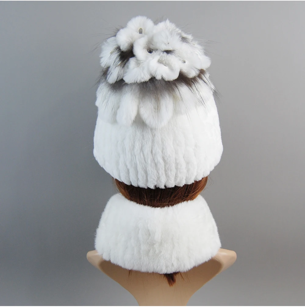 Real Rex Rabbit Fur Hat And Scarf Set Women Winter Knitted Beanie Hat Natural Fur Skullies Beanies Woman Hat Female Cap Elastic