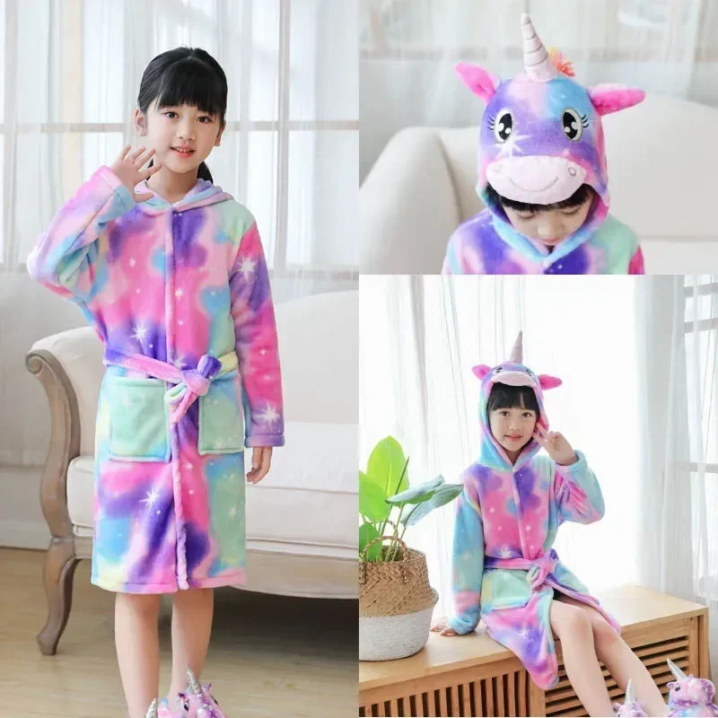 Kigurumi Children Bathrobe Baby Bath Robe Animal Rainbow Unicorn Hooded Bathrobes For Boys Girl Pyjamas Nightgown Kids Sleepwear