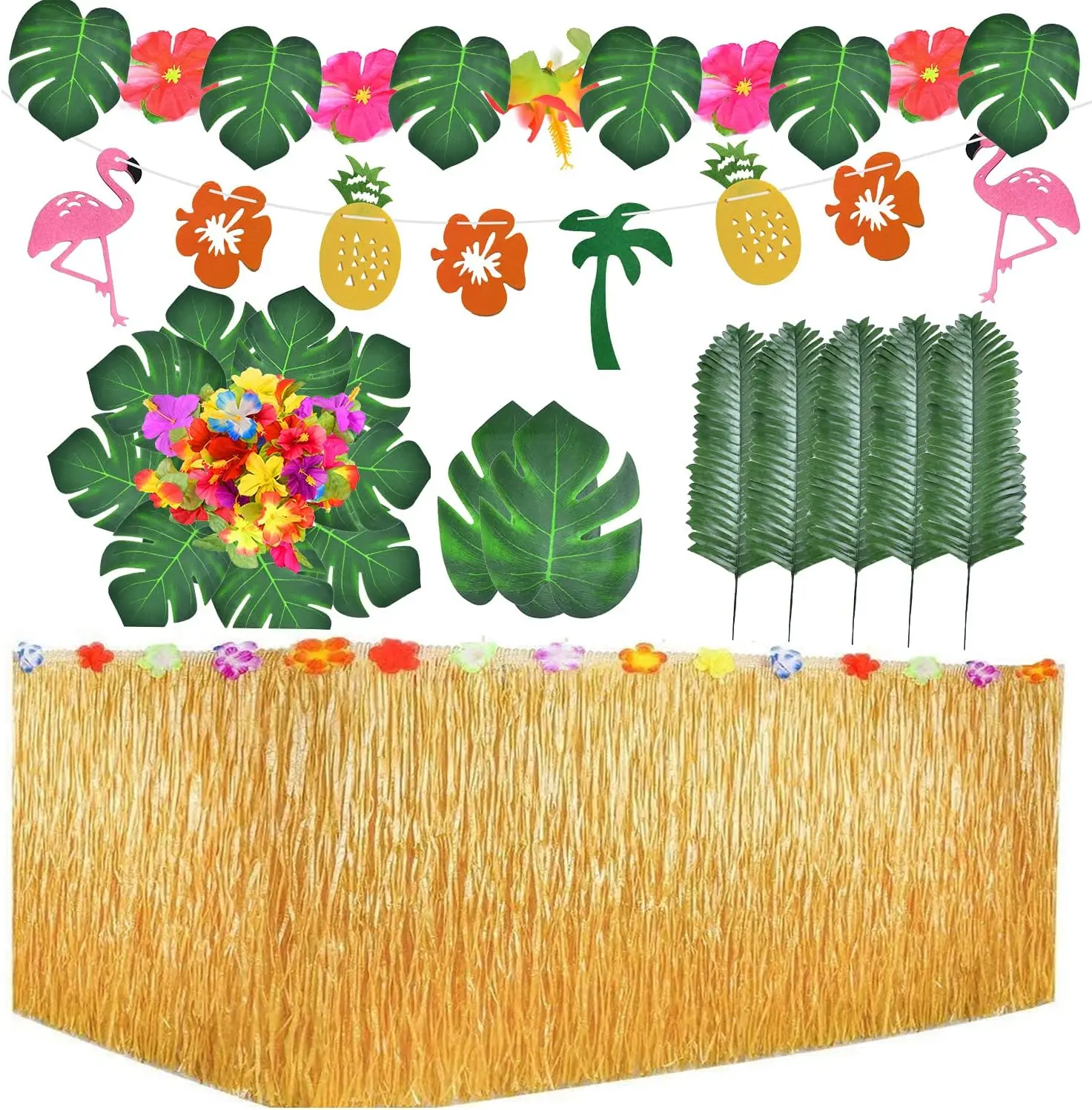 

Набор тропических Гавайских фотографий, включая одну юбку для стола 9ft Luau, 25 тропических листьев пальмы, 10 цветов гибискуса