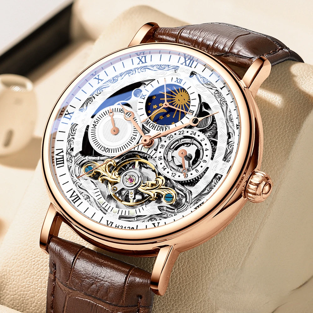 

New Double Tourbillon Luxury Men Automatic Mechanical Wristwatch Leather Watch Top Brand Men's Watches Reloj Hombre