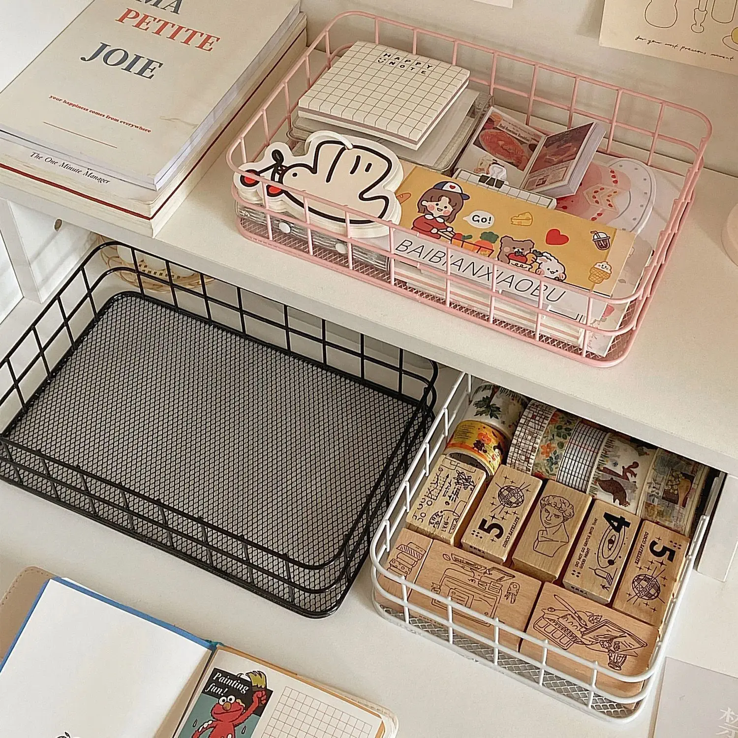 MINKYS INS Nordic Iron Desktop Storage Basket Office Cosmetics Storage Box Dormitory Rack Desk Organizer