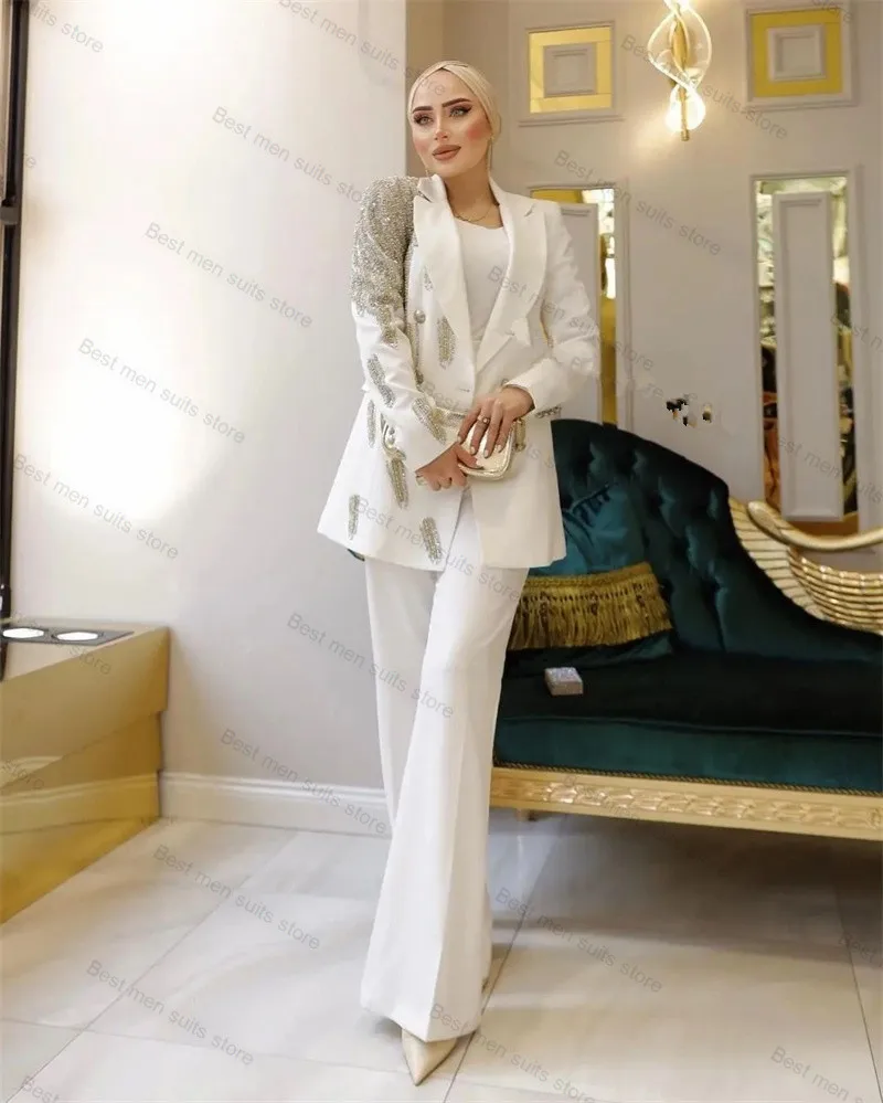 

White Crystals Women Suit Set 2 Pieces Blazer+Pant Luxury Office Lady Wedding Tuxedos Jacket Coat Trousers Customize Prom Dress