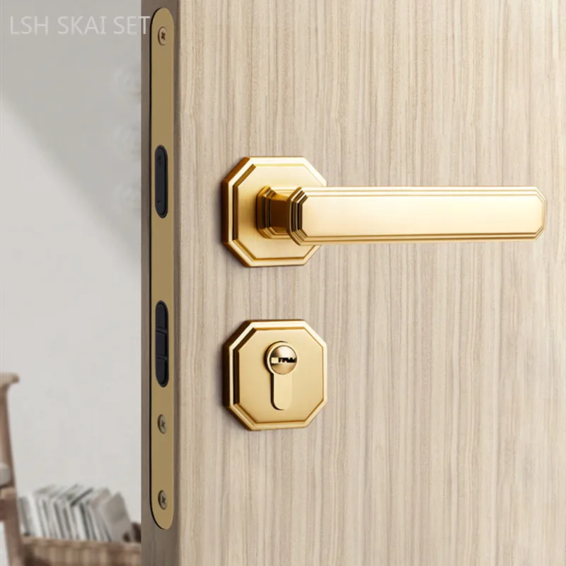 Golden Bedroom Door Lock Double Handle Magnetic Lock Body Set Chinese Zinc Alloy Split Silent Security Door Lock with Key