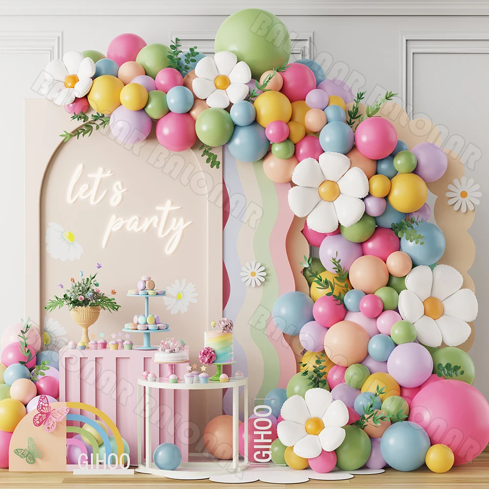 97PCS White Flower Daisy Balloon Garland Arch Kit Pastel Macaron Pink Yellow Latex Balloon Wedding Happy Birthday Party Decor
