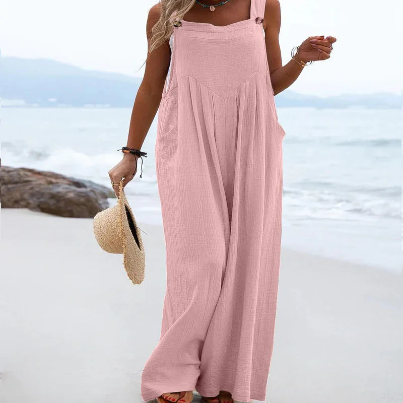 2023 Spring and Summer New Temperament Versatile Women's Folk Fashion Trend Button Solid Color Wide Leg Sleeveless Jumpsuit