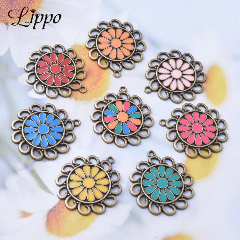 10pcslotAlloyAntiqueBronzeEnamelFlowerConnectorCharmsJewelry