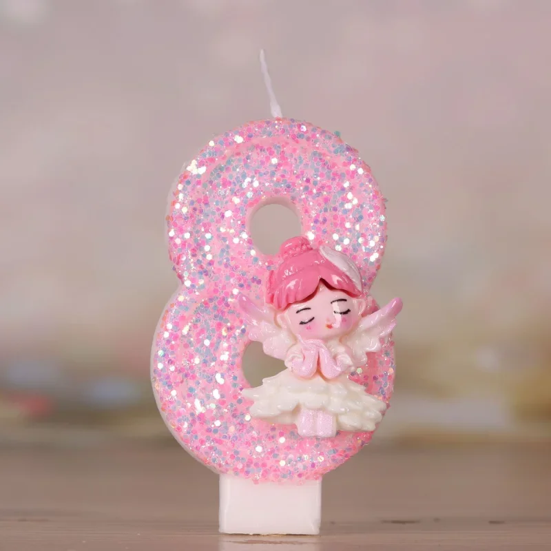 3D Number Candles for Cake Toper Decor, Pink Fairy Glitter, Digital Candles, Happy Birthday Party, Wedding Cake Decoration Acces