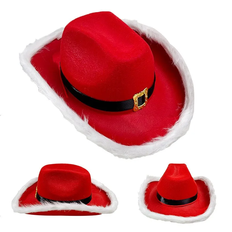 New Big Red Gold Metal Buckle Christmas Cowboy Hat for Men and Women's Festival Celebration Decoration Creative Fun Dressing