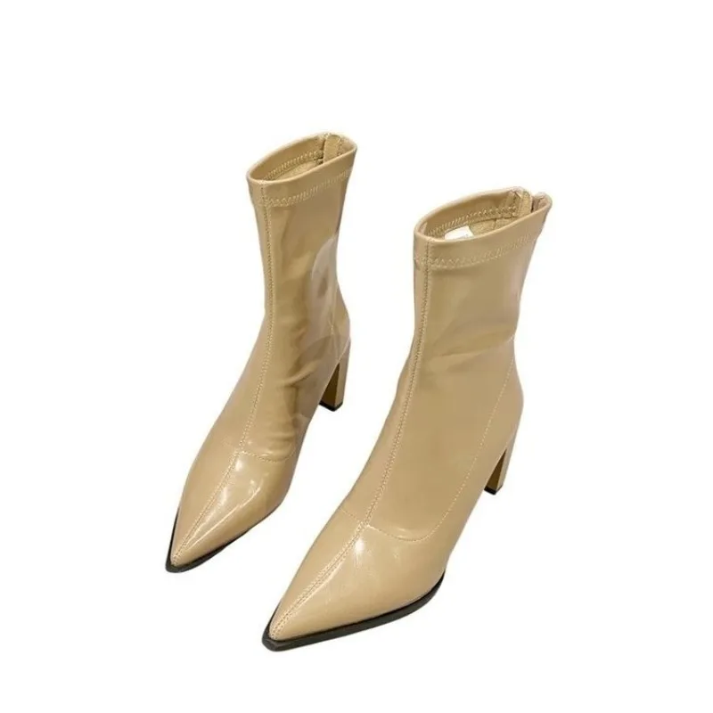 2023 Pointed Toe Ankle Boots Autumn Back Zip Leather Ladies Short Boot Shoes Spring Elegant Thick High Heels for Women Black