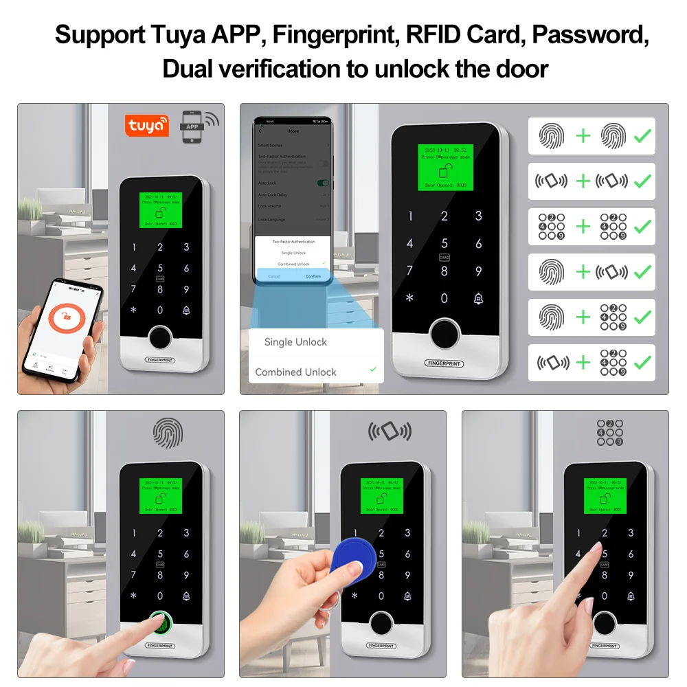 Bluetooth Tuya APP Smart Fingerprint RFID Access Control Keypad Touch IP65 Waterproof 13.56MHz Door Opener Keyless Lock System