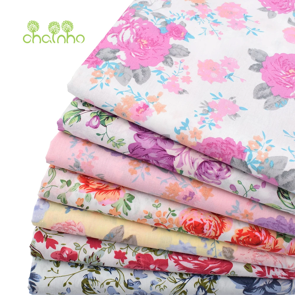 Chainho,Printed Plain Weave Poplin Cotton Fabric,DIY Quilting Sewing Material,Patchwork Cloth,Floral Series,3 Sizes,15PC163