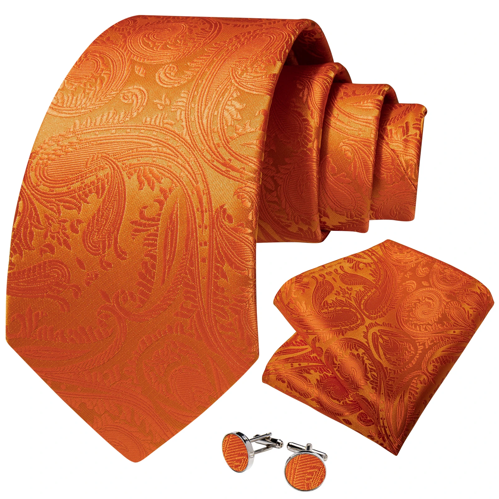 8cm Orange Paisley Silk Ties for Men Pocket Square Cufflinks 150cm Length Business Wedding Party Neck Tie Accessories