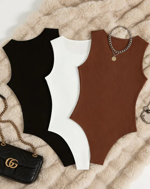 Conjunto de 3 Bodys de Mujer, Cuello Redondo, Acanalados, Sin Mangas, Ajustados, de Una Pieza 2