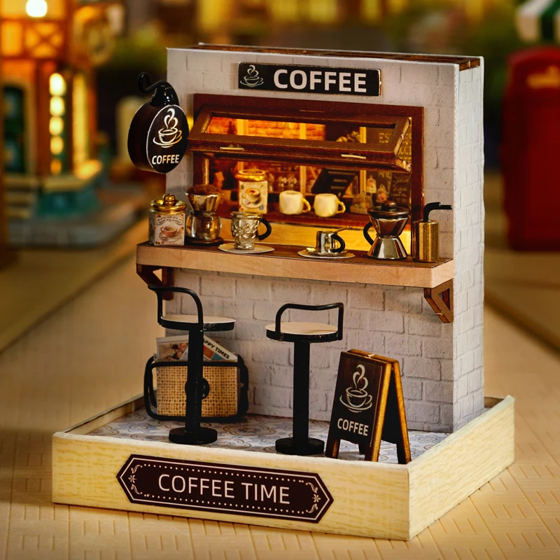 

DIY Miniature Dollhouse Kit Mini House Set Wooden Furniture with Lights Creative Room for Adults and Kids DIY Sakura Shop Coffee