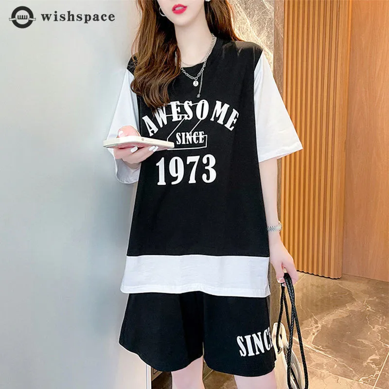 Fake two-piece Suit Women's Summer New Fashion Short Sleeved T-shirt loose Five Point Shorts Casual Sportswear two-piece Set