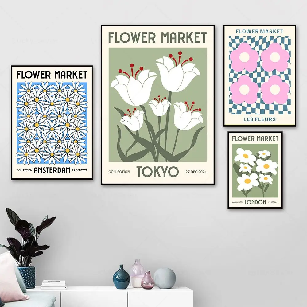 

Abstract Flower Market Tokyo London Retro Floral Canvas Painting Nordic Posters and Prints Wall Pictures for Living Room Decor