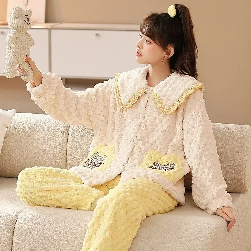 

Two-piece Casual New Home Wear Nightclothes Thickened Women Flannel Pajamas Suit Fashion Autumn Loose 2023 Warm Winter