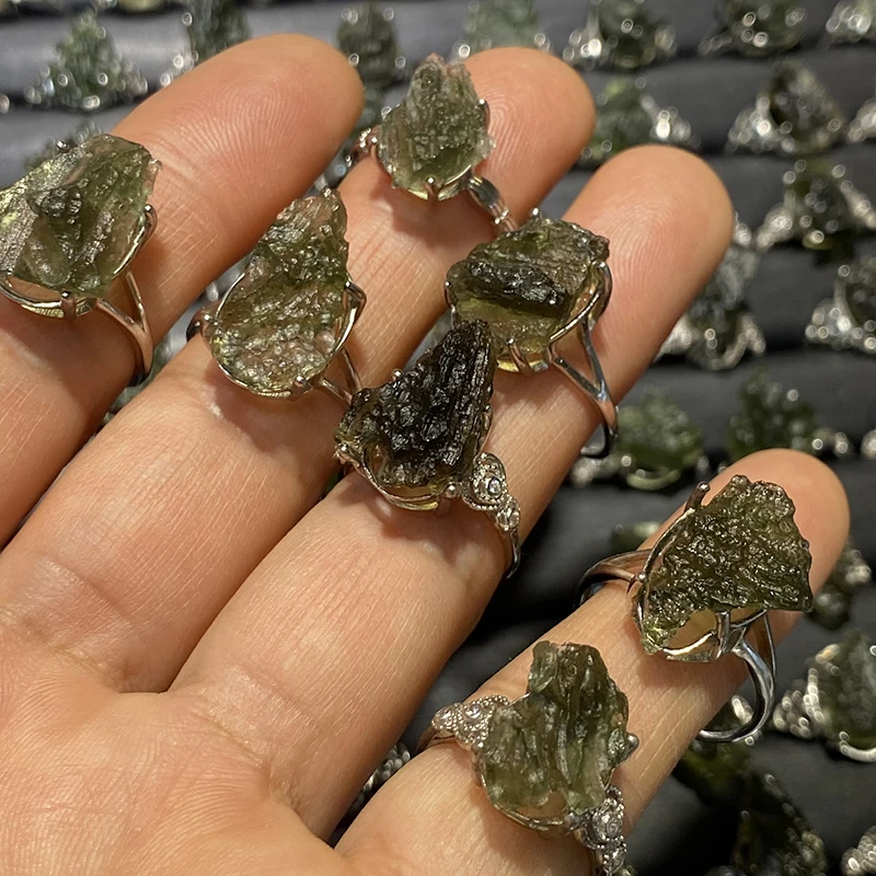 Unit One Piece 925 Silver With Natural Moldavite Rough Free Gemstone Jewelry Finger-Rings For Gift 3