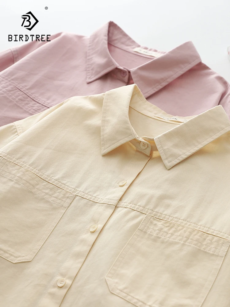 

Новая Осенняя хлопковая однотонная Базовая рубашка, женские топы с отложным воротником, свободные блузки средней длины с длинными рукавами для девочек, универсальная весенняя одежда, T39422QC