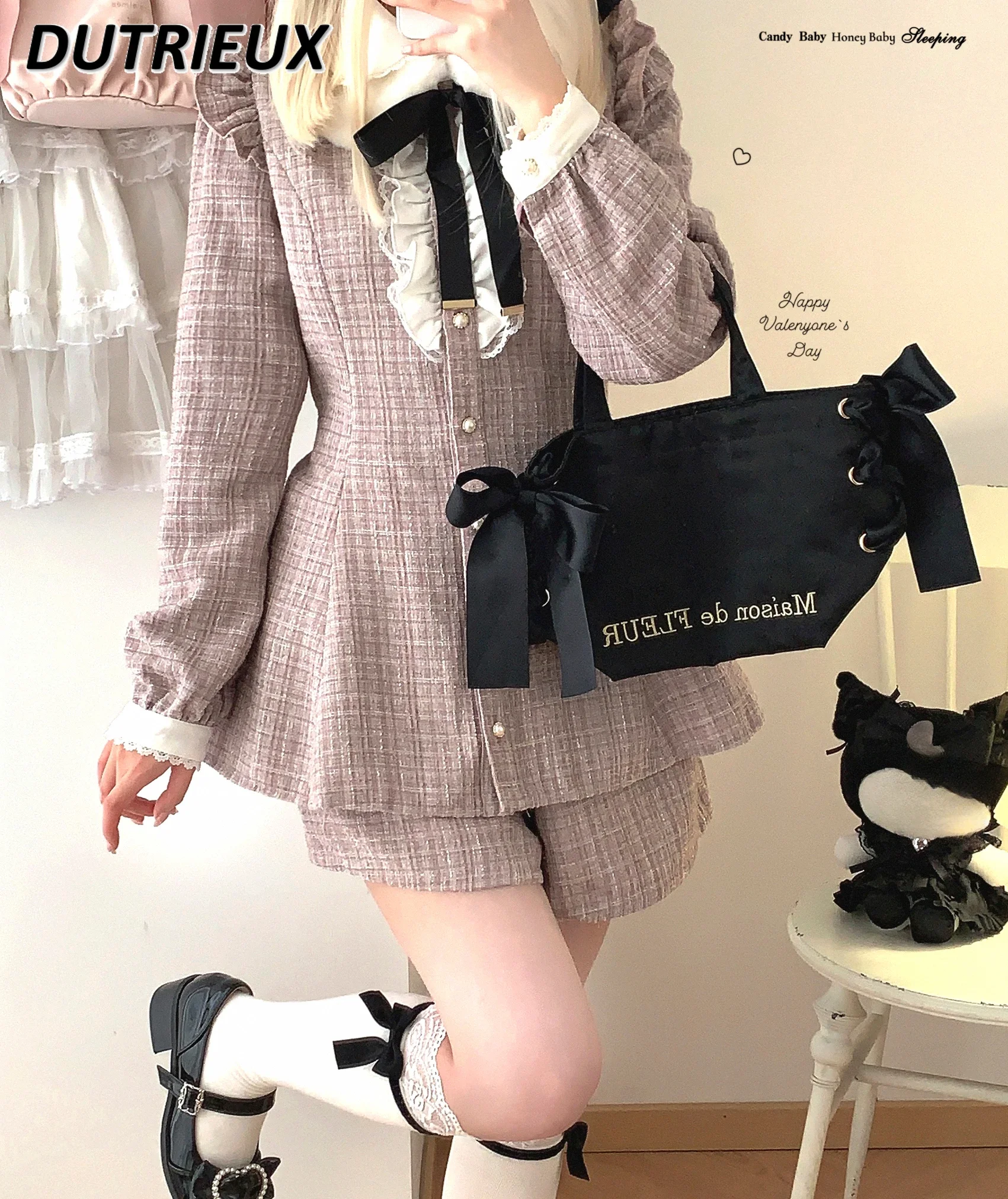 

Japanese Woolen Fabric Vintage Fur Collar Bow Coat Sweet Single-Breasted Slim Fit Jacket and Shorts Mine Autumn and Winter Suit