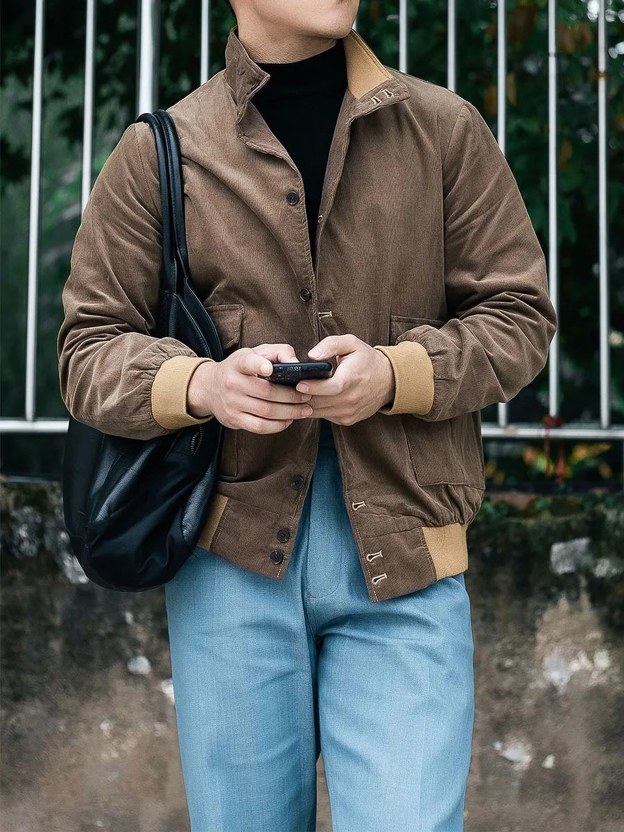 

Classic Men's Vintage Gentry A1 Jacket Coffee Corduroy Coat Pinstripe Slim Fit Top Men's Stand Collar