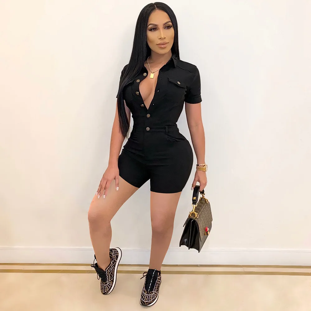 

Sprot Short Jumpsuit Romper for Women Bodycon V-Neck Button Bodysuit Pocket Casual Playsuit Lapel Collared Overall