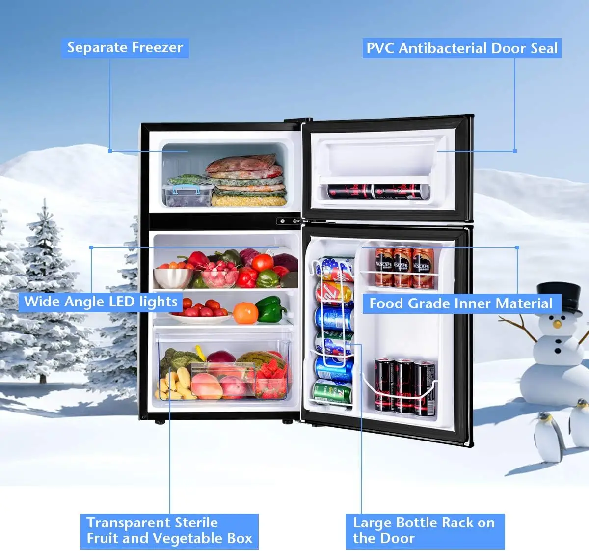 Compact Refrigerator 3.2 Cu Ft. Unit 2-Door Mini Freezer Cooler Fridge with Reversible Door, Removable Glass Shelves