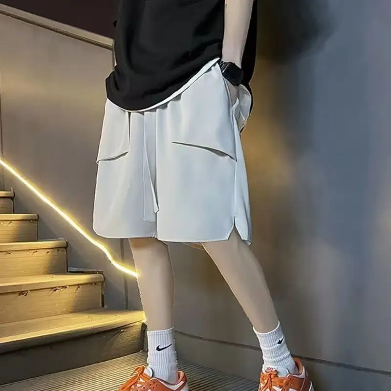 E-BAIHUI Solid Shorts for Men Drawstring Summer Casual Thin Slit Men Clothing Cargo Shorts Knee Length Basketball Shorts Mens
